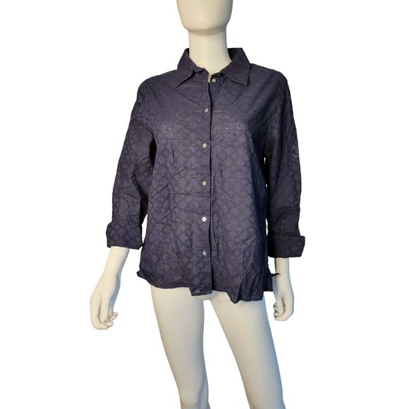 Talbots Womens Button Down with keyhole flower pattern - Dark Blue Size m - Picture 1 of 4